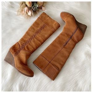 NEW Lucky Brand Sanna Bombay Brown Suede Leather Wedge Knee High Boots 7.5